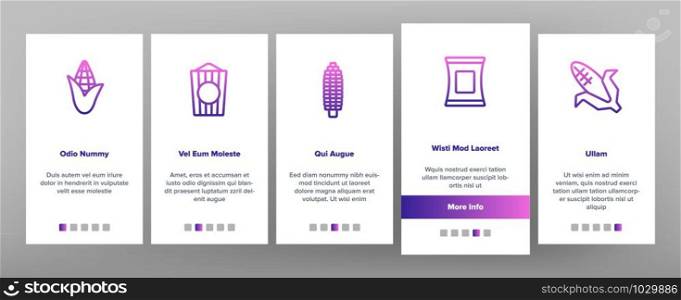 Corn Food Onboarding Mobile App Page Screen Vector Thin Line. Pop Corn And Corncob, Maize Grain And Package, Cart And Nutrition Field Concept Linear Pictograms. Color Contour Illustrations. Corn Food Onboarding Icons Set Vector