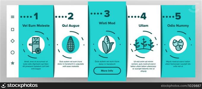 Corn Food Onboarding Mobile App Page Screen Vector Thin Line. Pop Corn And Corncob, Maize Grain And Package, Cart And Nutrition Field Concept Linear Pictograms. Color Contour Illustrations. Corn Food Onboarding Icons Set Vector