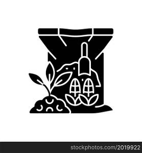 Corn gluten meal black glyph icon. Organic soil and plants supplement. Corn byproduct used as plant feeding. Natural additive. Silhouette symbol on white space. Vector isolated illustration. Corn gluten meal black glyph icon