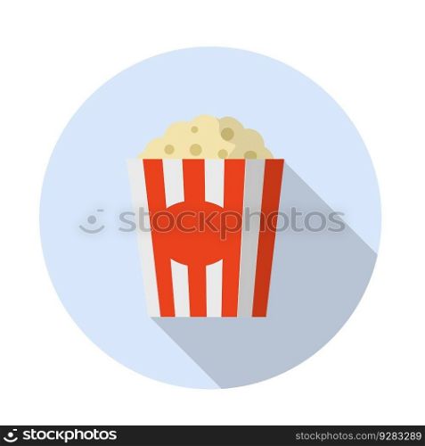 Corn meal in a red striped package in a blue circle. Funny icon. Flat cartoon illustration. Popcorn. Vector Movie theater snack