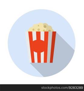 Corn meal in a red striped package in a blue circle. Funny icon. Flat cartoon illustration. Popcorn. Vector Movie theater snack