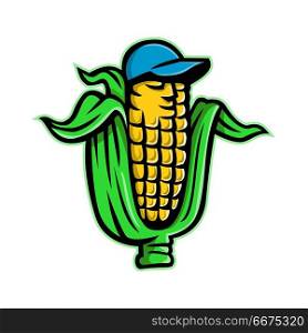 Corn on Cob With Baseball Hat Mascot. Mascot icon illustration of a corn on cob or maize, a type of cereal grain, wearing a baseball hat viewed from front on isolated background in retro style.. Corn on Cob With Baseball Hat Mascot