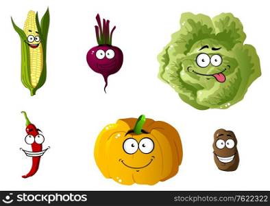 Corn, pepper, pumpkin, cabbage and potato vegetables in cartoon style isolated on white