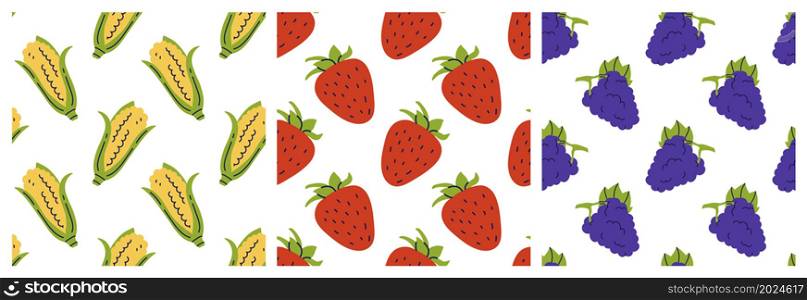 Corn, strawberry and grape. Fruit seamless pattern bundle. Color illustration collection in hand-drawn style. Vector repeat background set