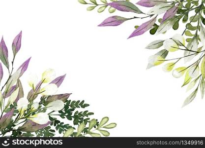 Corner botanical background, greenery with leaves and branches, hand drawn watercolor vector illustration