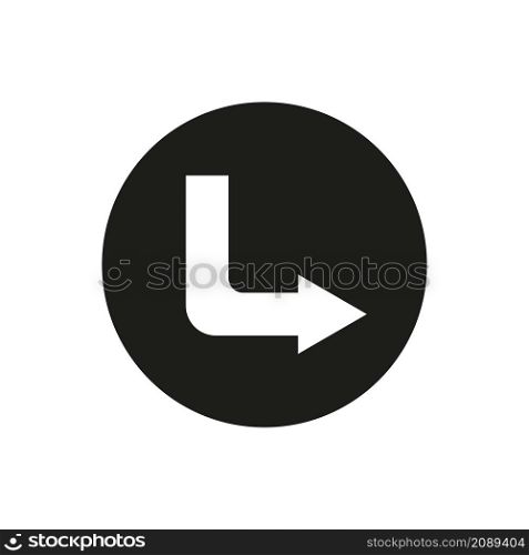 Corner right down arrow. Black circle. Navigation concept. Direction traffic sign. Vector illustration. Stock image. EPS 10.. Corner right down arrow. Black circle. Navigation concept. Direction traffic sign. Vector illustration. Stock image.