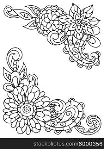Corner vignettes with line flowers for adult coloring page printing and drawing. Corner vignettes with line flowers for adult coloring page printing and drawing.