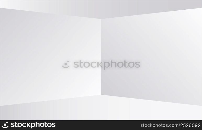 Corner, wall, floor and ceiling of room. 3d room. White empty background with corner floor and ceiling. Blank space with shadow for studio, office and exhibition. Vector.
