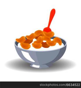Cornflakes cereals in deep bowl with milk and red spoon isolated on white. Vector colorful illustration of healthy breakfast dish.. Cornflake Cereals in Bowl with Milk and Spoon