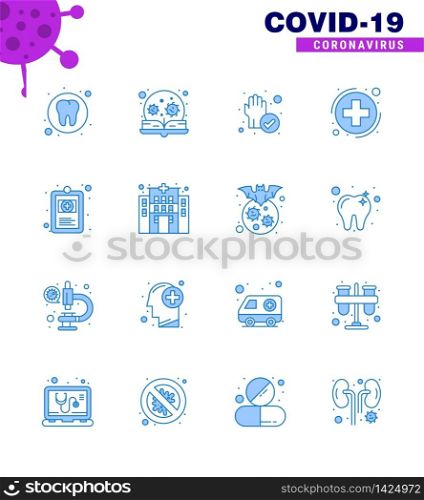 Corona virus 2019 and 2020 epidemic 16 Blue icon pack such as clinical record, healthcare, virus, health, cleaned viral coronavirus 2019-nov disease Vector Design Elements
