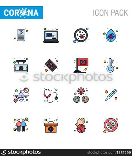 Corona virus 2019 and 2020 epidemic 16 Flat Color Filled Line icon pack such as medical, board, blood, medical, blood viral coronavirus 2019-nov disease Vector Design Elements