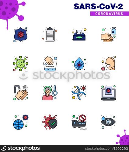 Corona virus 2019 and 2020 epidemic 16 Flat Color Filled Line icon pack such as spread, sanitizer, napkin, wash, hand viral coronavirus 2019-nov disease Vector Design Elements