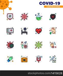 Corona virus 2019 and 2020 epidemic 16 Flat Color Filled Line icon pack such as computer, shield, microorganism, safety, research viral coronavirus 2019-nov disease Vector Design Elements