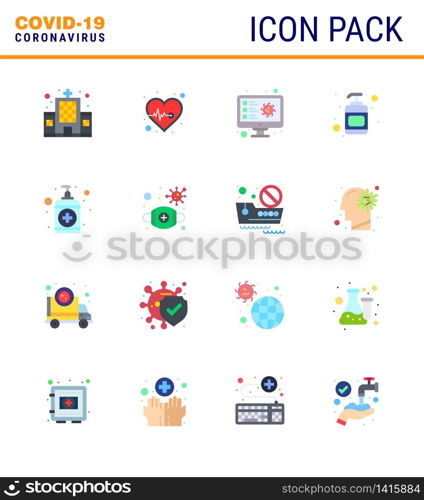 Corona virus 2019 and 2020 epidemic 16 Flat Color icon pack such as soap, sanitizer, computer, hand sanitizer, record viral coronavirus 2019-nov disease Vector Design Elements