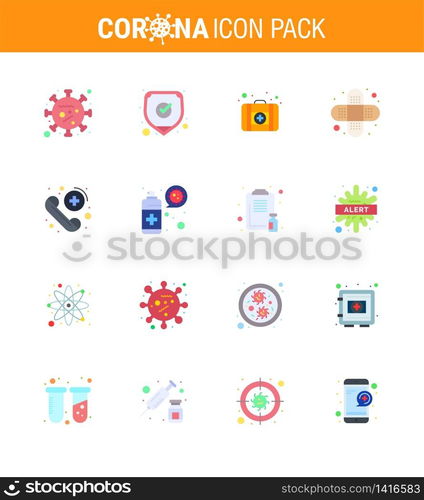 Corona virus 2019 and 2020 epidemic 16 Flat Color icon pack such as medical, call, shield, injury, aid viral coronavirus 2019-nov disease Vector Design Elements