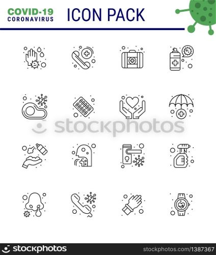 Corona virus 2019 and 2020 epidemic 16 Line icon pack such as meat, infected, first aid, protection, spray viral coronavirus 2019-nov disease Vector Design Elements