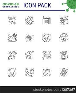 Corona virus 2019 and 2020 epidemic 16 Line icon pack such as meat, infected, first aid, protection, spray viral coronavirus 2019-nov disease Vector Design Elements