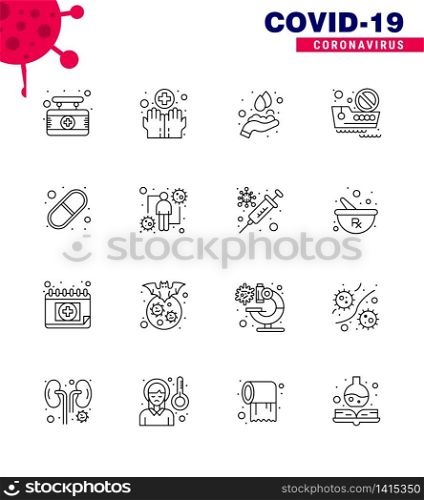 Corona virus 2019 and 2020 epidemic 16 Line icon pack such as medical, travel, hands care, ship, banned travel viral coronavirus 2019-nov disease Vector Design Elements