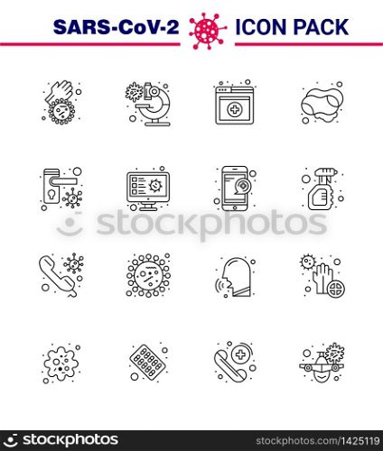 Corona virus 2019 and 2020 epidemic 16 Line icon pack such as safety, doorknob, medical, hand soap, hand viral coronavirus 2019-nov disease Vector Design Elements