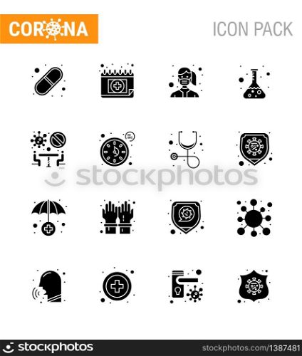 Corona virus 2019 and 2020 epidemic 16 Solid Glyph Black icon pack such as banned, science, face, lab, wear viral coronavirus 2019-nov disease Vector Design Elements