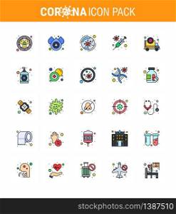 Corona virus 2019 and 2020 epidemic 25 Flat Color Filled Line icon pack such as ambulance, vaccine, worldwide, protection, infection viral coronavirus 2019-nov disease Vector Design Elements