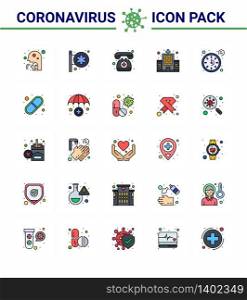 Corona virus 2019 and 2020 epidemic 25 Flat Color Filled Line icon pack such as clock, clinic, pharmacy, building, emergency viral coronavirus 2019-nov disease Vector Design Elements