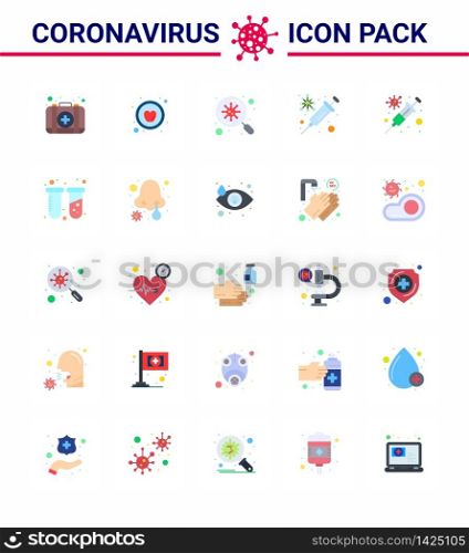 Corona virus 2019 and 2020 epidemic 25 Flat Color icon pack such as tubes, chemistry, search, virus, protection viral coronavirus 2019-nov disease Vector Design Elements