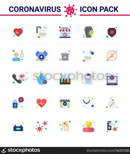 Corona virus 2019 and 2020 epidemic 25 Flat Color icon pack such as protection, infection, closed, death, coffin viral coronavirus 2019-nov disease Vector Design Elements