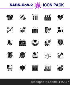 Corona virus 2019 and 2020 epidemic 25 Solid Glyph icon pack such as care, love, lab, heart, test viral coronavirus 2019-nov disease Vector Design Elements