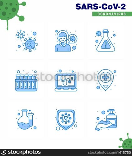 Corona virus 2019 and 2020 epidemic 9 Blue icon pack such as medical, lab, virus infection, tubes, chemistry viral coronavirus 2019-nov disease Vector Design Elements