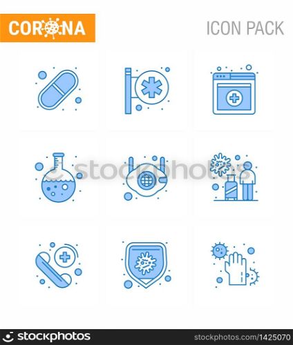 Corona virus 2019 and 2020 epidemic 9 Blue icon pack such as medical, face, medical, research, flask viral coronavirus 2019-nov disease Vector Design Elements