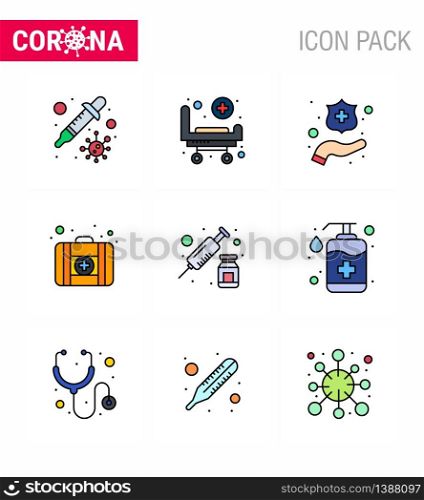 Corona virus 2019 and 2020 epidemic 9 Filled Line Flat Color icon pack such as vaccine, injection, protect hands, drugs, medical case viral coronavirus 2019-nov disease Vector Design Elements