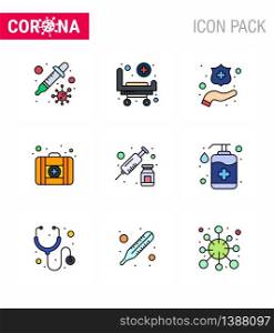 Corona virus 2019 and 2020 epidemic 9 Filled Line Flat Color icon pack such as vaccine, injection, protect hands, drugs, medical case viral coronavirus 2019-nov disease Vector Design Elements