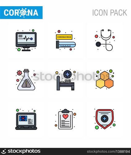 Corona virus 2019 and 2020 epidemic 9 Filled Line Flat Color icon pack such as experiment, medical room, healthcare, hospital bed, research viral coronavirus 2019-nov disease Vector Design Elements