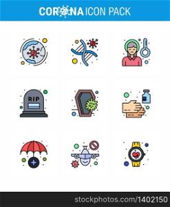 Corona virus 2019 and 2020 epidemic 9 Filled Line Flat Color icon pack such as mortality, count, strand, sickness fever, pain viral coronavirus 2019-nov disease Vector Design Elements