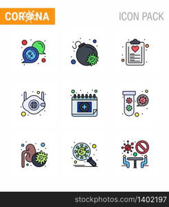 Corona virus 2019 and 2020 epidemic 9 Filled Line Flat Color icon pack such as appointment, safety, diet, medical, face viral coronavirus 2019-nov disease Vector Design Elements