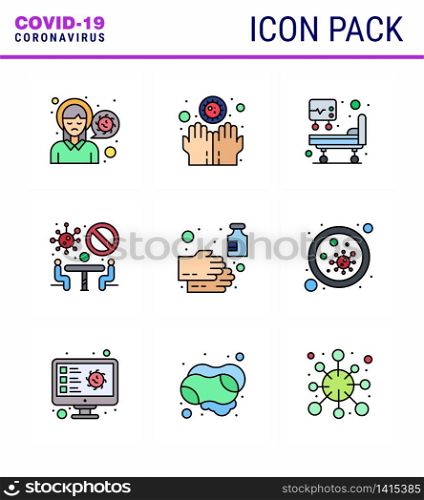 Corona virus 2019 and 2020 epidemic 9 Filled Line Flat Color icon pack such as hand, team, infect, meeting, banned viral coronavirus 2019-nov disease Vector Design Elements