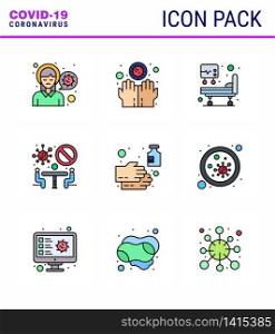 Corona virus 2019 and 2020 epidemic 9 Filled Line Flat Color icon pack such as hand, team, infect, meeting, banned viral coronavirus 2019-nov disease Vector Design Elements