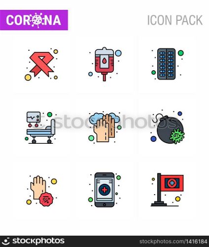 Corona virus 2019 and 2020 epidemic 9 Filled Line Flat Color icon pack such as hands, medical treatment, packet, icu, pill viral coronavirus 2019-nov disease Vector Design Elements