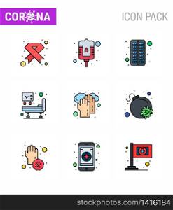 Corona virus 2019 and 2020 epidemic 9 Filled Line Flat Color icon pack such as hands, medical treatment, packet, icu, pill viral coronavirus 2019-nov disease Vector Design Elements