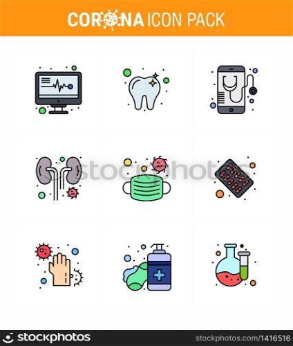 Corona virus 2019 and 2020 epidemic 9 Filled Line Flat Color icon pack such as medical, face, medical, kidney, infected viral coronavirus 2019-nov disease Vector Design Elements