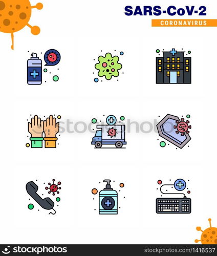 Corona virus 2019 and 2020 epidemic 9 Filled Line Flat Color icon pack such as medical, ambulance, building, secure, hand viral coronavirus 2019-nov disease Vector Design Elements