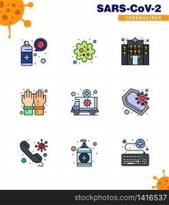Corona virus 2019 and 2020 epidemic 9 Filled Line Flat Color icon pack such as medical, ambulance, building, secure, hand viral coronavirus 2019-nov disease Vector Design Elements