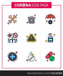 Corona virus 2019 and 2020 epidemic 9 Filled Line Flat Color icon pack such as lotion, warning, medical, notice, team viral coronavirus 2019-nov disease Vector Design Elements