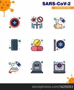 Corona virus 2019 and 2020 epidemic 9 Filled Line Flat Color icon pack such as drug, pill, cleaning, medical, antivirus viral coronavirus 2019-nov disease Vector Design Elements