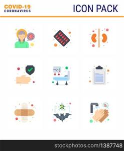 Corona virus 2019 and 2020 epidemic 9 Flat Color icon pack such as icu, safe, medicine, protection, clean viral coronavirus 2019-nov disease Vector Design Elements
