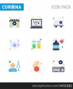 Corona virus 2019 and 2020 epidemic 9 Flat Color icon pack such as blood, safety, ambulance, medical, face viral coronavirus 2019-nov disease Vector Design Elements