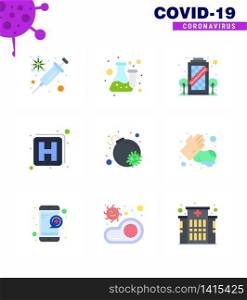 Corona virus 2019 and 2020 epidemic 9 Flat Color icon pack such as bomb, sign, test, medicine, staying viral coronavirus 2019-nov disease Vector Design Elements