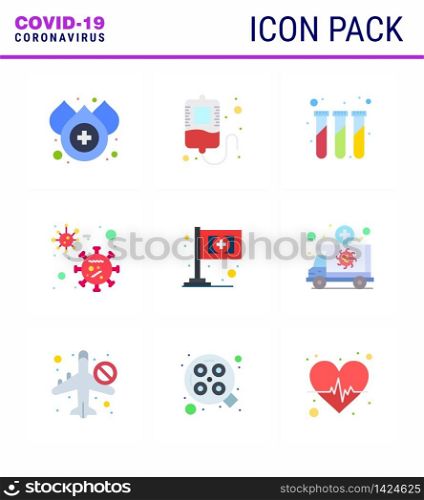 Corona virus 2019 and 2020 epidemic 9 Flat Color icon pack such as ambulance, flag, test, assistance, covid viral coronavirus 2019-nov disease Vector Design Elements