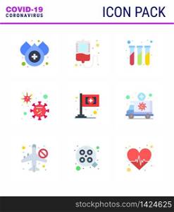 Corona virus 2019 and 2020 epidemic 9 Flat Color icon pack such as ambulance, flag, test, assistance, covid viral coronavirus 2019-nov disease Vector Design Elements